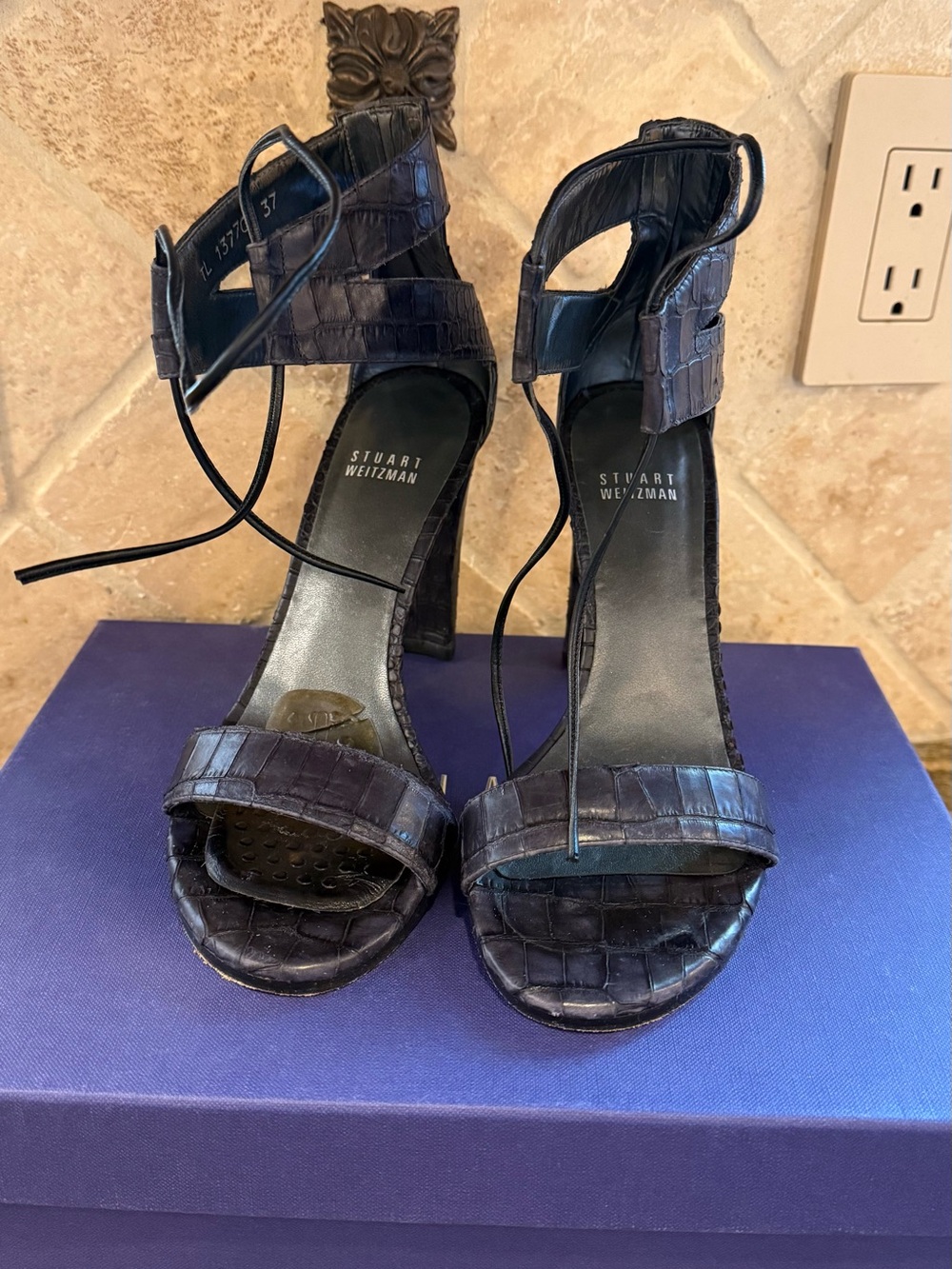 Stuart Weitzman Black Croc-Embossed Lace-Up Heels